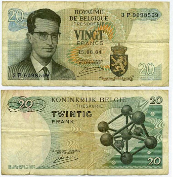 Бельгия 20 франков 1964 Бодуэн I, атомиум, Kestens Pick 138 (3) бумага 7221-44-1-2
