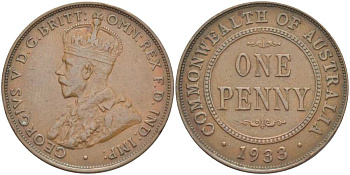 АВСТРАЛИЯ 1 ПЕННИ 1933 ГЕОРГ V (1910-1936) KM 23 бронза 4512-1121