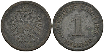 Германия 1 пфенниг 1875 А KM 1, J. 1 медь    4594-1227