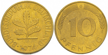 ФРГ 10 ПФЕННИГОВ 1974 G KM 108, J.383 сталь плакированная латунью 3996-631