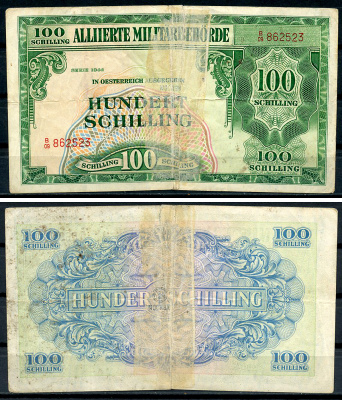 Австрия, Союзные военные власти 100 шиллингов 1944 Allierte Militaerbehoerde Pick 110 a (1), Кардаков 275.3.9  бумага   437-71-2-2