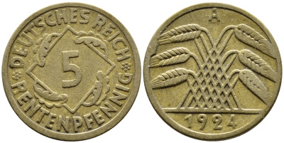 ГЕРМАНИЯ 5 РЕНТЕНПФЕННИГОВ 1924 A, KM 32, J. 308 алюминиевая бронза 4387-1145