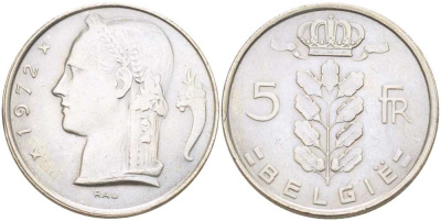 Бельгия 5 франков 1972 Belgie, Бодуэн I (1951-1993) KM 135.1 медно-никель 202-1215