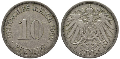 Германия 10 пфеннигов 1902 A KM 12, Jager 13, Weege 8 медно-никель 219-345