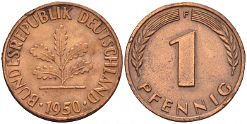 ФРГ 1 ПФЕННИГ 1950 F KM 105, J.380 сталь плакированная медью 4532-1266