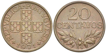 ПОРТУГАЛИЯ 20 СЕНТАВО 1971 РЕДКИЙ ГОД KM 595 бронза XF 4516-361