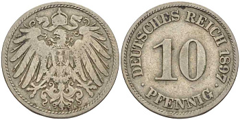 Германия 10 пфеннигов 1897 A KM 12, J. 13 медно-никель 4401-1013