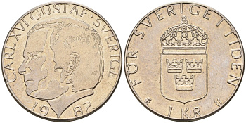 Швеция 1 крона 1982 Карл XVI Густав (1973- ) KM 852а медно-никель 4582-454