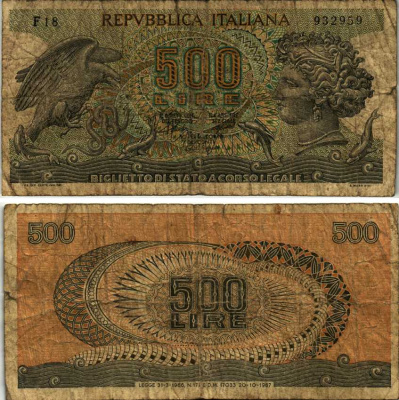 Италия 500 лир 1967 20 октября 1967 Pick 93a бумага 6312-58-3-2