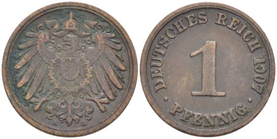ГЕРМАНИЯ 1 ПФЕННИГ 1907 A KM 10, J. 10 медь 112-1116