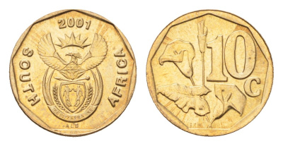 ЮАР 10 центов 2001 герб, цветок алоэ KM 224 сталь плакированная бронзой UNC 4694-766
