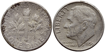 США 10 центов (дайм) 1956 президент Рузвельт KM 195 серебро 00-00