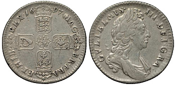 АНГЛИЯ 1 ШИЛЛИНГ 1697 ВИЛЬЯМ III (1694-1702), ПЕРВЫЙ ПОРТРЕТ KM 485.1, Spink 3497 серебро 00-000-00