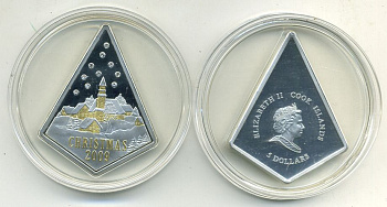 Острова Кука 5 долларов 2009 Рождество, Christmas, стразы, позолота серебро PROOF 3-2-44