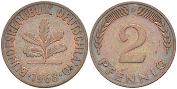 ФРГ 2 ПФЕННИГА 1968 D KM 106а, J. 381а сталь плакированная сталь плакированная медьюю 4181-752