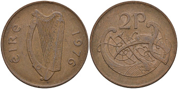 Ирландия 2 пенса 1976 виньетка в виде стилизованной птицы из второй библии Карла II Лысого KM 21 бронза 4144-944