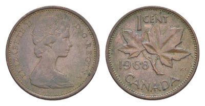 Канада 1 цент 1968 Елизавета II (1952-2022), кленовый лист KM 59 бронза 4630-546