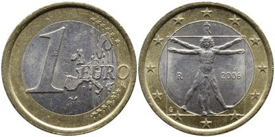 Италия 1 евро 2006 Витрувианский человек KM 216 биметалл 4391-135