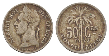 Бельгийское Конго 50 сантимов 1923 Надпись на французском - 'ALBERT ROI DES BELGES' KM 22 медно-никель 4121-945