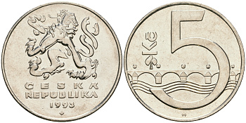 Чехия 5 крон 1993 чешский лев, Карлов мост KM 8 сталь плакированная никелем 08-931