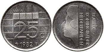 Нидерланды 25 центов 1982 Беатрикс (1980-2013) KM 204 никель 4392-433