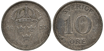 Швеция 10 эре 1933 G, Густав V (1907-1950) KM 780 серебро 4179-617