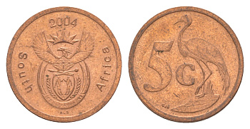 ЮАР 5 центов 2004 герб, райский журавль KM 325 сталь плакированная медью 4621-663