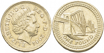 Великобритания 1 фунт 2004 Елизавета II (1952-2022), Мост Форт-Бридж в Шотландии KM 1048, Spink 4595 никель латунь 175-1111