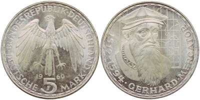 ФРГ 5 марок 1969 F, 375 лет со дня смерти Герарда Меркатора J. 400, KM 126.1 серебро aUNC 1529-221
