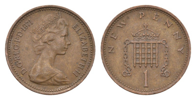 Великобритания 1 пенни 1971 Елизавета II (1952-2022) KM 915, Spink 4237 (B1) бронза 4697-934