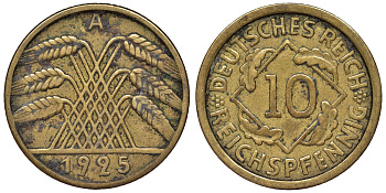 Германия 10 рентенпфеннигов 1925 A KM 40, J.317, Weege 9 алюминиевая бронза 4119-1035