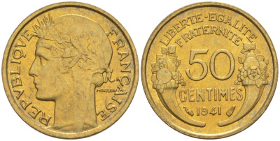 ФРАНЦИЯ 50 САНТИМОВ 1941 ТИП MORLON KM 894.1, LE FRANC 192.18 алюминиевая бронза 44-636