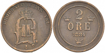 Швеция 2 эре 1884 Оскар II (1872-1907) король Швеции и Норвегии, крупные буквы, открытая 4 KM 746 (524) бронза 4402-314