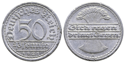 Германия 50 пфеннигов 1921 A KM 27, J.301, Weege 10 алюминий 4380-823