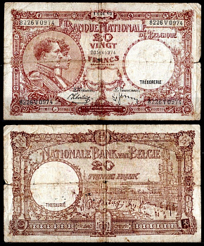 Бельгия 20 франков 1940 Pick 111 бумага 7457-31-3-1