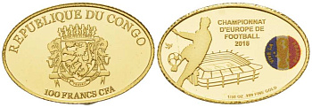 Конго 100 франков 2016 чемпионат Европы по футболу во Франции, овал, эмаль KM NEW золото PROOF 00-806-42