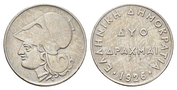 Греция 2 драхмы 1926 Афина в коринфском шлеме, год-тип KM 70 медно-никель 4670-132