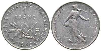 ФРАНЦИЯ 1 ФРАНК 1960 СЕЯТЕЛЬ KM 925.1, LE FRANC 226.4 никель 3999-425