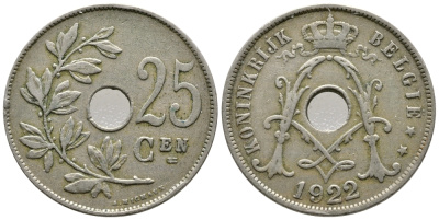 БЕЛЬГИЯ 25 САНТИМОВ 1922 BELGIE KM 69 медно-никель 177-1037