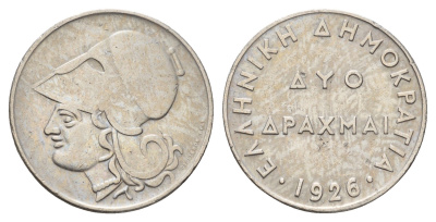 Греция 2 драхмы 1926 Афина в коринфском шлеме, год-тип KM 70 медно-никель 4670-132