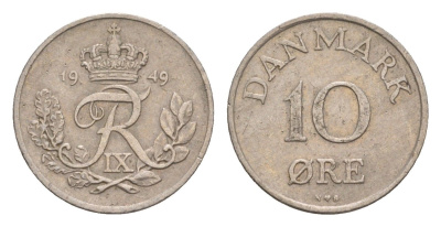 Дания 10 эре 1949 N, Фредерик IX (1947-1972) KM 841 медно-никель 4658-311