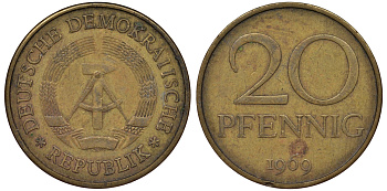 ГДР 20 пфеннигов 1969 А, первый год KM 11 латунь 62-954