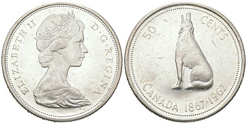Канада 50 центов 1967 100 лет Конфедерации Канада, Елизавета II (1952-2022) KM 69 серебро 190-741