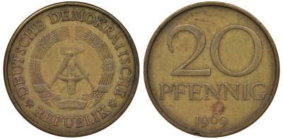 ГДР 20 пфеннигов 1969 А, первый год KM 11 латунь 62-954