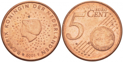 НИДЕРЛАНДЫ 5 ЕВРОЦЕНТОВ 2001 KM 236 сталь покрытая медью UNC 3457-1133