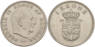 Дания 1 крона 1972 C;S, Фредерик IX (1947-1972) KM 852 медно-никель 4150-923