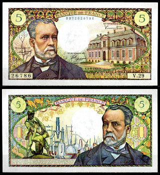 Франция 5 франков 1966 степлер, Луи Пастер, Институт Пастера (Париж), Луи Пастер, лаборатория, человек, борющийся с бешеной собакой Pick 146 a бумага 451-1056-3