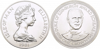 Остров Мэн 1 крона 1981 приз герцога Эдинбургского, портрет герцога КМ 73a серебро UNC 1081-7-12