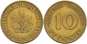ФРГ 10 ПФЕННИГОВ 1970 F KM 108, J.383 сталь плакированная латунью 4548-821