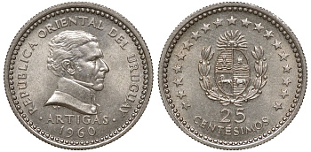 Уругвай 25 сентесимо 1960 KM 40 медно-никель 4169-839